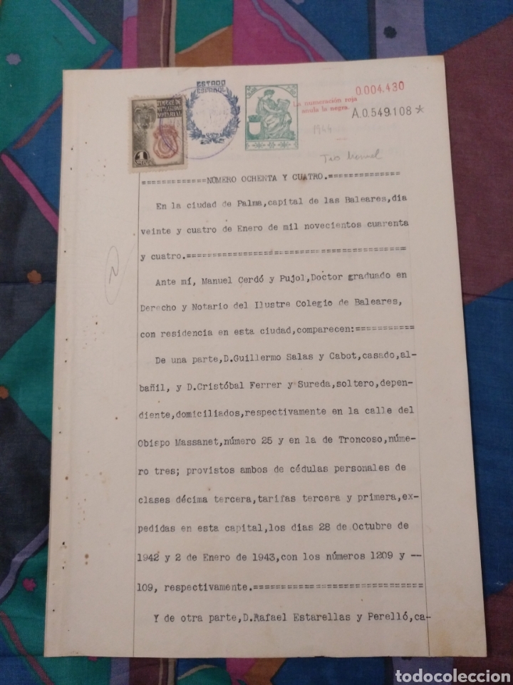 Documents Anciens: DOCUMENTO DOS HOJAS 1944 RELATIVO A PALMA MALLORCA TIMBRE 1 PESETA TASA 7'50