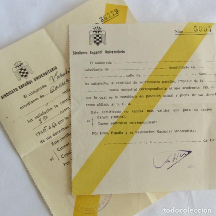 Alte Dokumente: 2 certificados del Sindicato Espa&ntilde;ol Universitario, uno relleno y el otro en blanco, a&ntilde;os 40-50