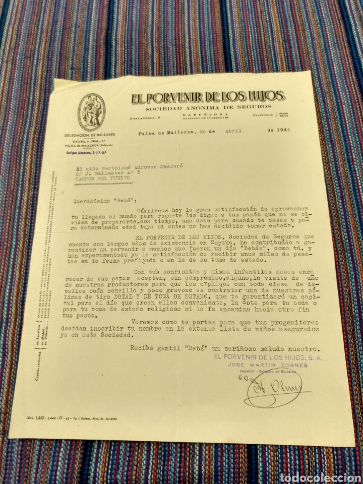Documentos antiguos: 1946 EL PORVENIR DE LOS HIJOS SEGUROS AL BEB&Eacute; BARTOLOM&Eacute; ADROVER MASCARO CAMPOS DEL PUERTO MALLORCA