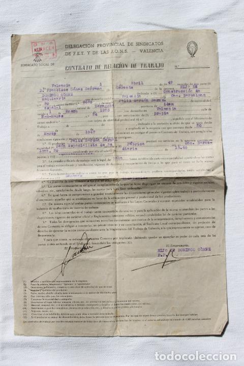 Documentos antiguos: CONTRATO TRABAJO PEON ESPECIALISTA DE 2&ordf;, SINDICATO F.E.T. Y LAS JONS, VALENCIA, 1947
