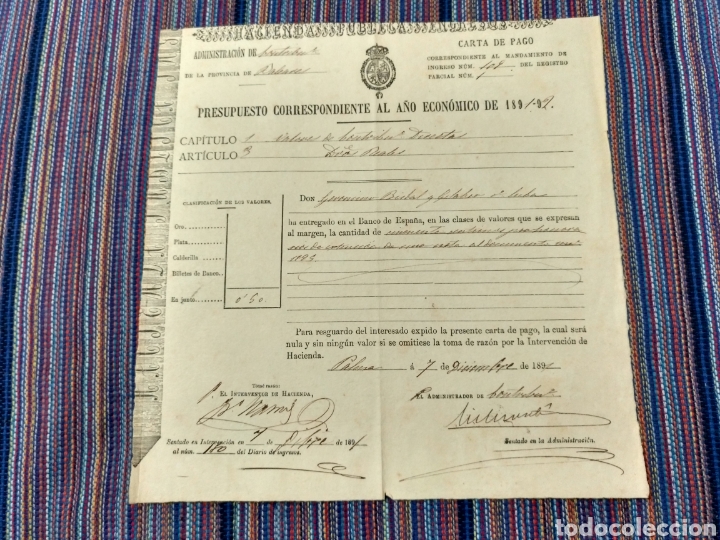 Documenti antichi: 1891 CARTA DE PAGO PALMA MALLORCA BALEARES