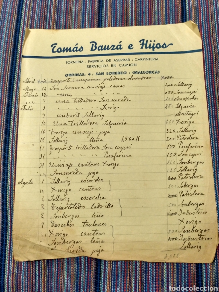 Documentos antiguos: SAN LORENZO MALLORCA TOM&Aacute;S BAUZA E HIJOS TORNER&Iacute;A ASERRAR CARPINTER&Iacute;A
