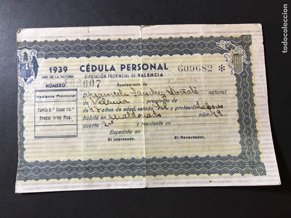 Documentos antiguos: C&eacute;dula Personal A&ntilde;o 1939 - Foto 1
