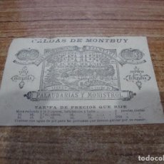 Documentos antiguos: TARJETA VISITA Y PRECIOS BAÑOS TERMALES DE LLOBET CALDAS DE MONTBUY. Lote 263221020