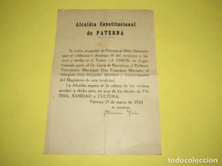 Documentos antiguos: Antiguo Cartel Mitin Sanitario de Alcald&iacute;a Constitucional de PATERNA de Mariano Verd&uacute; del A&ntilde;o 1924