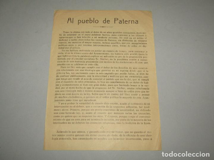 Documentos antiguos: Antigua Carta Pasqu&iacute;n Pol&iacute;tico AL PUEBLO DE PATERNA por Vicente Alonso S&aacute;ez de Paterna - A&ntilde;o 1931