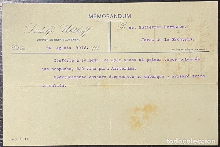 Documentos antiguos: MEMORANDUM. LUDOLFO UHTHOFF. CADIZ. 1915. - Foto 1