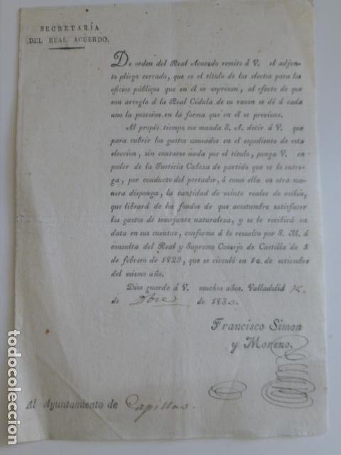 Documentos antiguos: VALLADOLID SECRETARIA DEL REAL ACUERDO DOCUMENTO OFICIOS PUBLICOS CAPILLAS PALENCIA 1830
