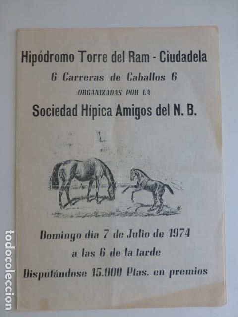 Documentos antiguos: CIUDADELA MENORCA HIPOROMO DEL RAM PROGRAMA CARRERAS DE CABALLOS 1974 - Foto 1