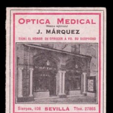 Documentos antiguos: *** RARO CARNET DE OPTICA MEDICAL DE J. MARQUEZ. 1936. SIERPES 18 (SEVILLA) ***