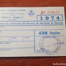 Documentos antiguos: CARTON DE TASA DE RECOGIDA DE BASURAS AYTO DE VALENCIA AÑO 1974 (ERROR EN EL CUÑO). Lote 266889414