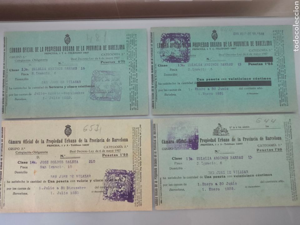 Documentos antiguos: 4x RECIBOS CAMARA OFICIAL PROPIEDAD URBANA BARCELONA 1929-1930-1931-1932 SELLADOS