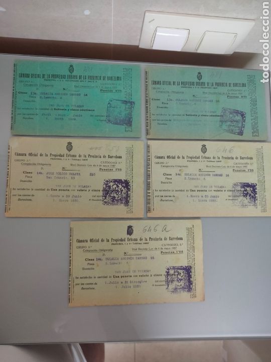 Documentos antiguos: 5x RECIBOS CAMARA OFICIAL PROPIEDAD URBANA BARCELONA 1929 y 1930 SELLADOS