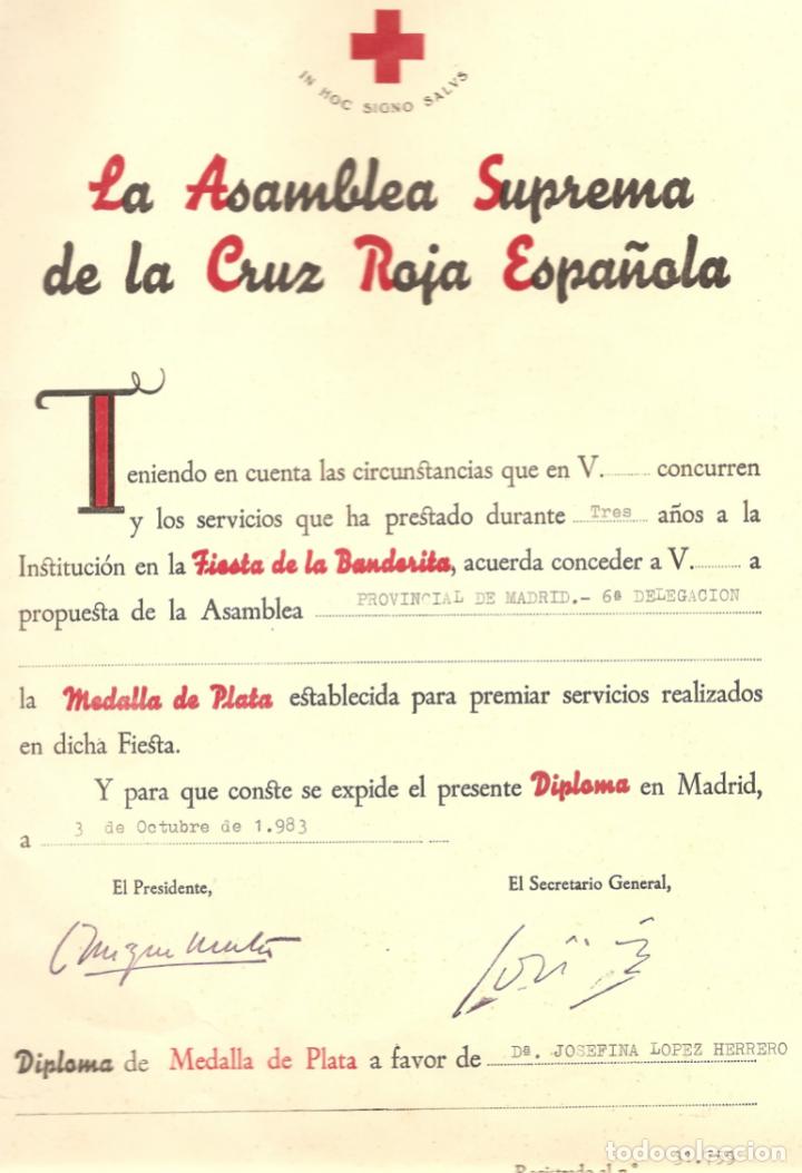 Documentos antiguos: Asamblea Suprema Cruz Roja Espa&ntilde;ola - Concesi&oacute;n medalla de plata - fiesta banderita Madrid a&ntilde;o 1983