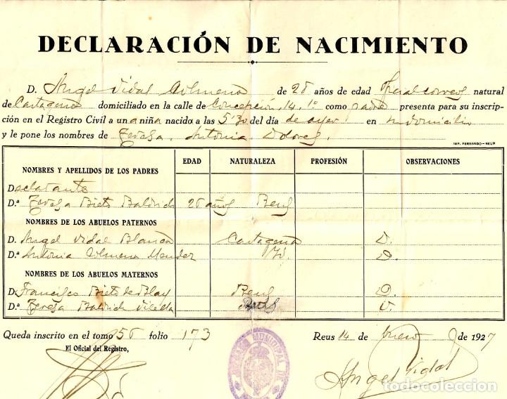 Documentos antiguos: Reus - Declaraci&oacute;n de Nacimiento - 14.01.1927 - Sello Juzgado Municipal de Reus - 322x222mm