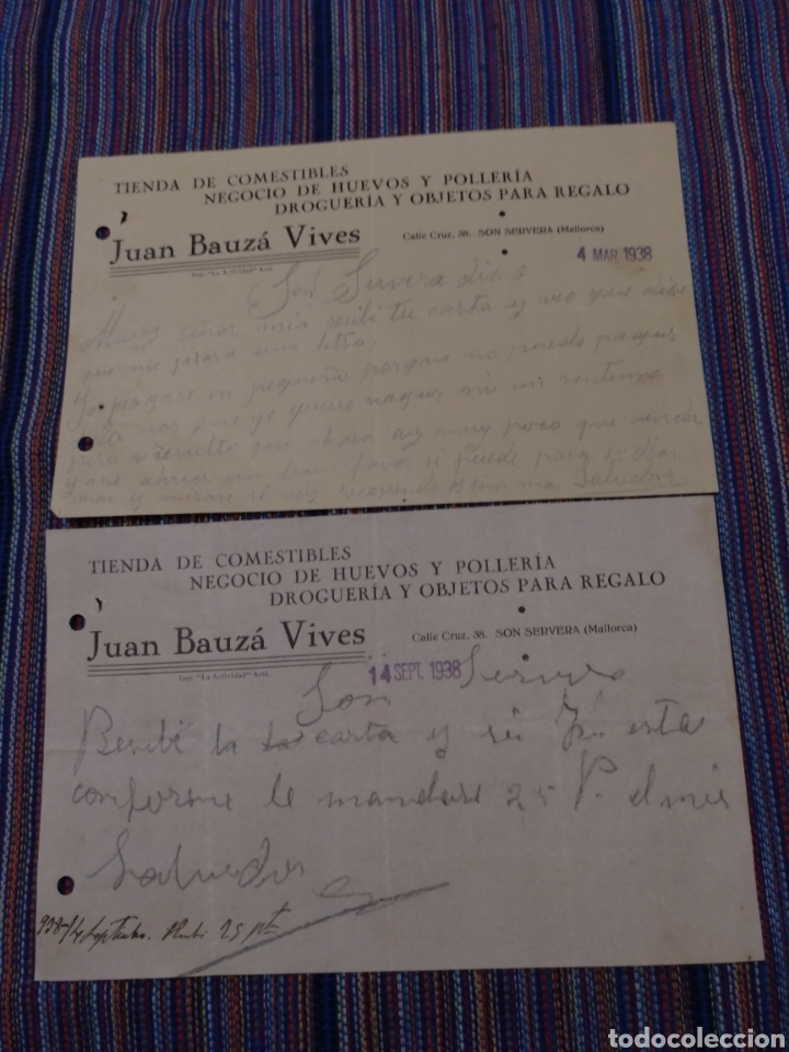 Documenti antichi: 1938 SON SERVERA MALLORCA TIENDA COMESTIBLES HUEVOS POLLER&Iacute;A DROGUER&Iacute;A JUAN BAUZA VIVES