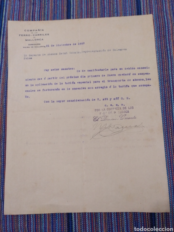Documentos antiguos: 1927 COMPA&Ntilde;&Iacute;A FERROCARRILES DE MALLORCA FIRMA DEL DIRECTOR GERENTE