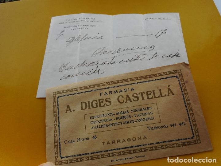 Documentos antiguos: FARMACIA A.DIGES CASTELLA. RECETA DR.RAMON SANROMA. CASA PROVINCIAL BENEFICENCIA. TARRAGONA
