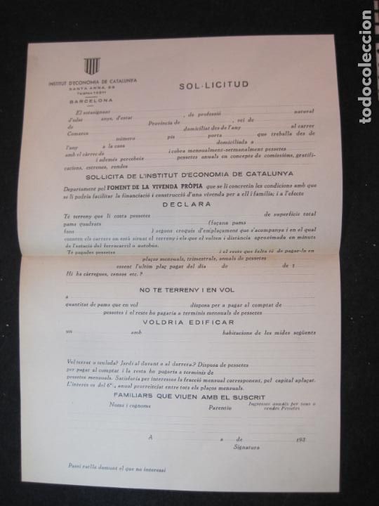 Documentos antiguos: INSTITUT ECONOMIA DE CATALUNYA-SOL&middot;LICITUD-DOCUMENT ANYS 30-VER FOTOS-(K-3607