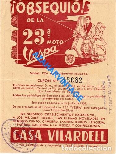 Documentos antiguos: BARCELONA,1956,CASA VILARDELL. CUPON SORTEO MOTO VESPA CON PUBLICIDAD DE MOLTFORT'S.