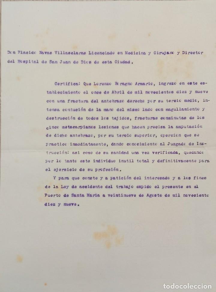 Documentos antiguos: Certificado m&eacute;dico expedido por el hospital San Juan de Dios del Puerto de Santa Maria a&ntilde;o 1.919