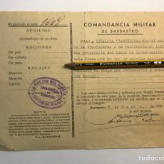 Documentos antiguos: DOCUMENTO MILITAR. BARBASTRO. HUESCA.. CAMPO DE CONCENTRACIÓN… SOLDADO DE IGUALADA (A.1939). Lote 274643843