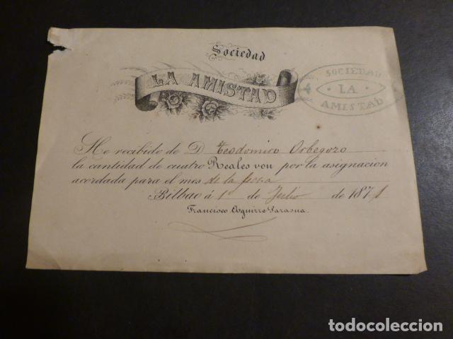 Alte Dokumente: BILBAO 1871 RECIBO CUOTA SOCIEDAD LA AMISTAD