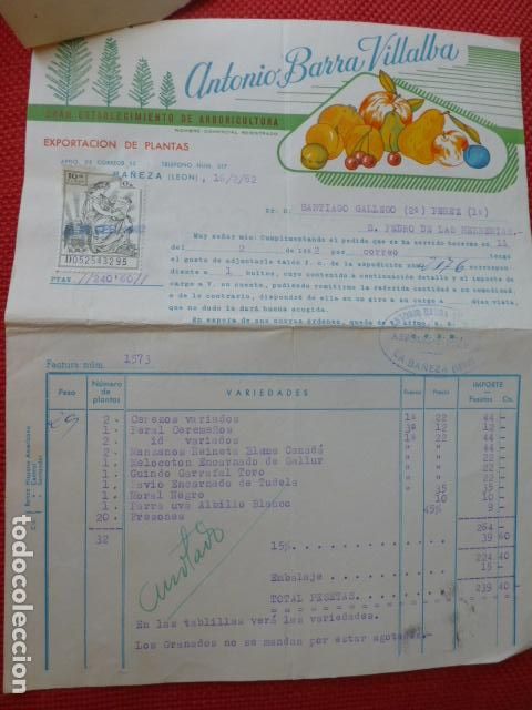 Documenti antichi: LA BA&Ntilde;EZA LEON CARTA FACTURA ANTONIO BARRA VILLALBA ESTABLECIMIENTO DE ARBORICULTURA