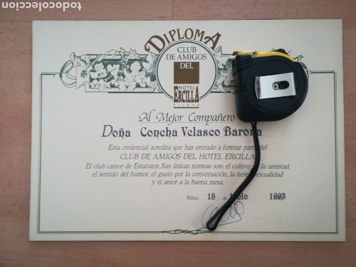 Documentos antiguos: Concha Velasco. Diploma del Club de Amigos del Hotel Ercilla (18/6/1993).