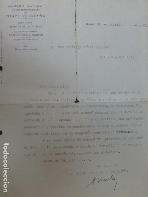 Documenti antichi: FERROCARRIL CARTA FACTOR ALUMNO A VECINO DE VALCABADO LEON FERROCARRIL DEL OESTE 1931