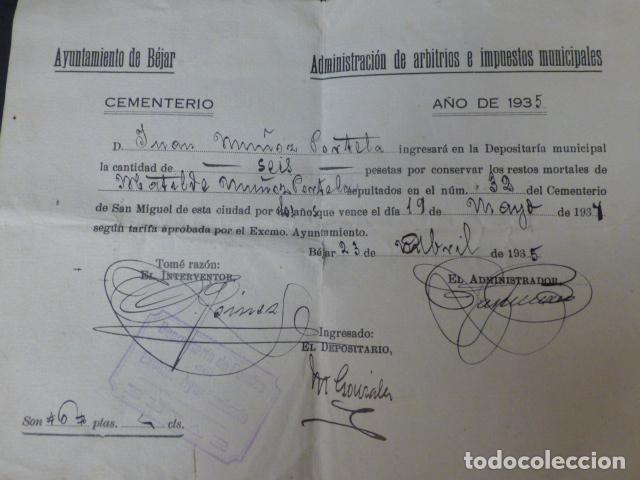 Alte Dokumente: BEJAR SALAMANCA 1935 RECIBO IMPUESTO CEMENTERIO