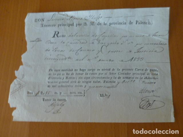 Old Documents: CAPILLAS PALENCIA RECIBO TESORERO MUNICIPAL DE LA PROVINCIA DE PALENCIA 1823