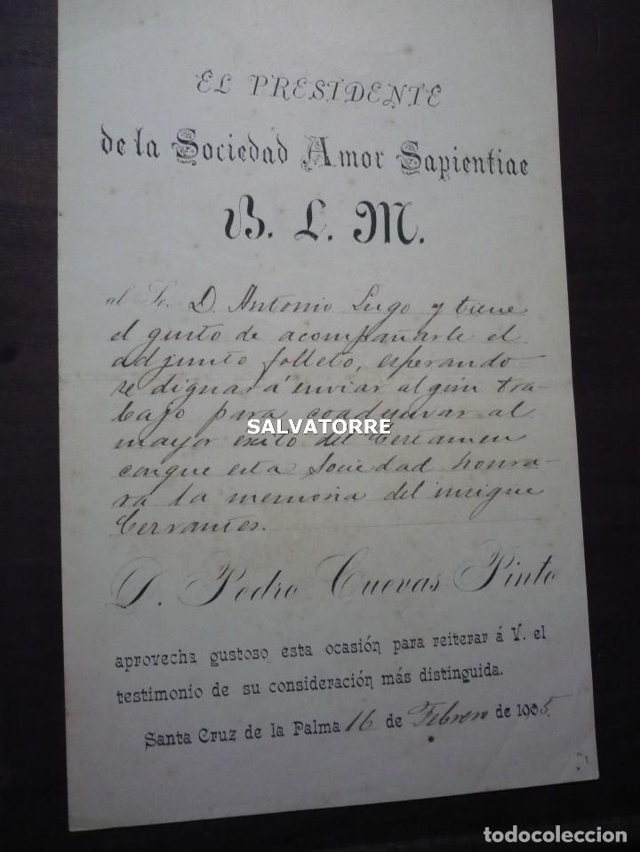 Documentos antiguos: SAN MIGUEL DE LA PALMA.SANTA CRUZ. SOCIEDAD AMOR SAPIENTIAE.1905.PEDRO CUEVAS PINTO, LUGO.