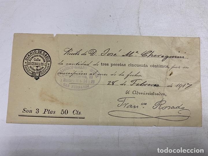 Alte Dokumente: SAN FERNANDO, 1917. RECIB&Iacute; DE SUSCRIPCI&Oacute;N ANUAL DEL DIARIO DE C&Aacute;DIZ. VER FOTOS