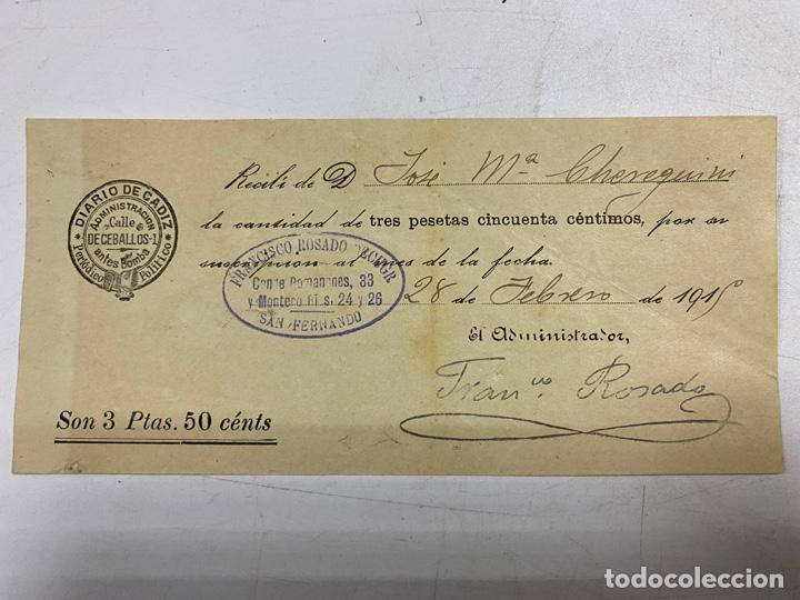 Alte Dokumente: SAN FERNANDO, 1915. RECIB&Iacute; DE SUSCRIPCI&Oacute;N ANUAL DEL DIARIO DE C&Aacute;DIZ. VER FOTOS