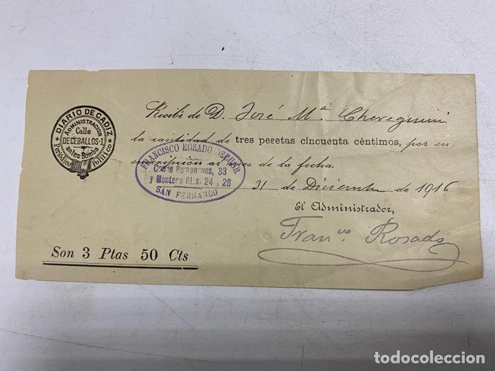 Alte Dokumente: SAN FERNANDO, 1916. RECIB&Iacute; DE SUSCRIPCI&Oacute;N ANUAL DEL DIARIO DE C&Aacute;DIZ. VER FOTOS