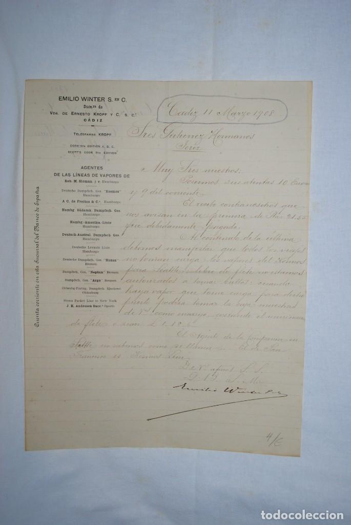 Documentos antiguos: VIUDA DE ERNESTO KROPF , CADIZ 1908 - Foto 1