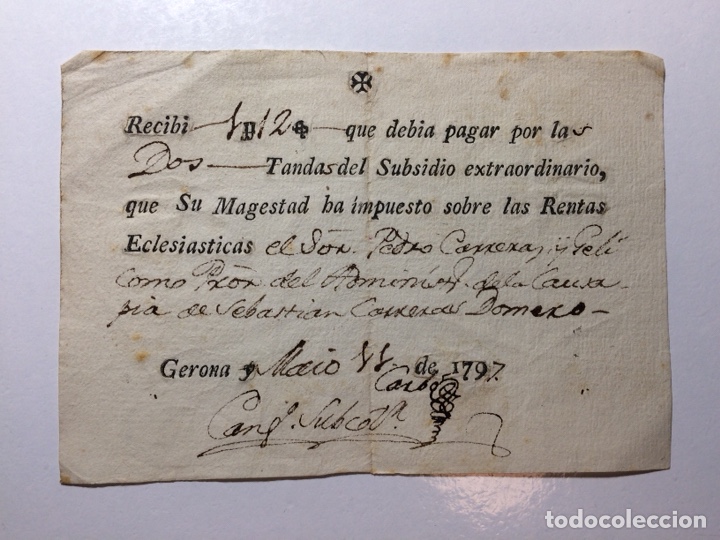 Documentos antiguos: Recib&iacute; Rentas Eclesi&aacute;sticas Gerona 1797 Recibo - Foto 1