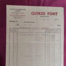 Documentos antiguos: FACTURA CON MEMBRETE. QUIRZE FONT. CENTRAL FABRICANTES DE PAPEL . TOLOSA. 1937