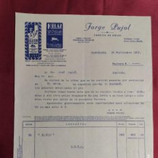 Documentos antiguos: FACTURA CON MEMBRETE. JORGE PUJOL. FABRICA DE KOLAX, COLA . BARCELONA. 1937