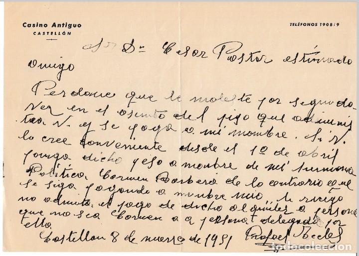 Old Documents: 1951 CARTA CON MEMBRETE DEL CASINO ANTIGUO DE CASTELLON