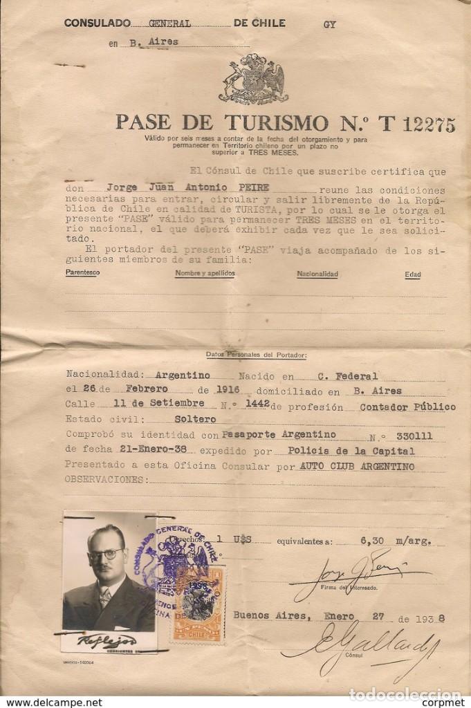 Documentos antiguos: CHILE 1938 SALVOCONDUCTO llamado PASE DE TURISMO - DISPUTA DE LA LAGUNA DEL DESIERTO