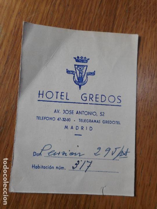 Documentos antiguos: ANTIGUA TARJETA DE HABITACION.HOTEL GREDOS.MADRID. FLOMAR S.A SASTRERIA PA&Ntilde;ERIA