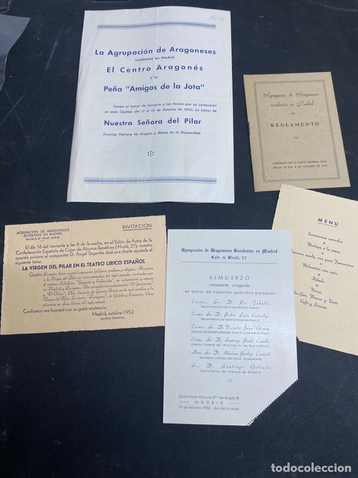 Documentos antiguos: MADRID. CENTRO ARAGON&Eacute;S. 1950-60. FIESTAS, MEN&Uacute;, REGLAMENTO, JOTAS, BANQUETE, TEATRO...