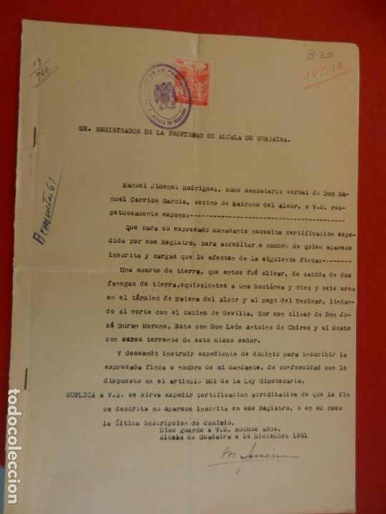 Documents Anciens: INSTANCIA Y CERTIFICACI&Oacute;N DE INCRIPCI&Oacute;N EN EL REGISTRO-&Aacute;LCALA DE GUADA&Iacute;RA 1961/62-SELLO