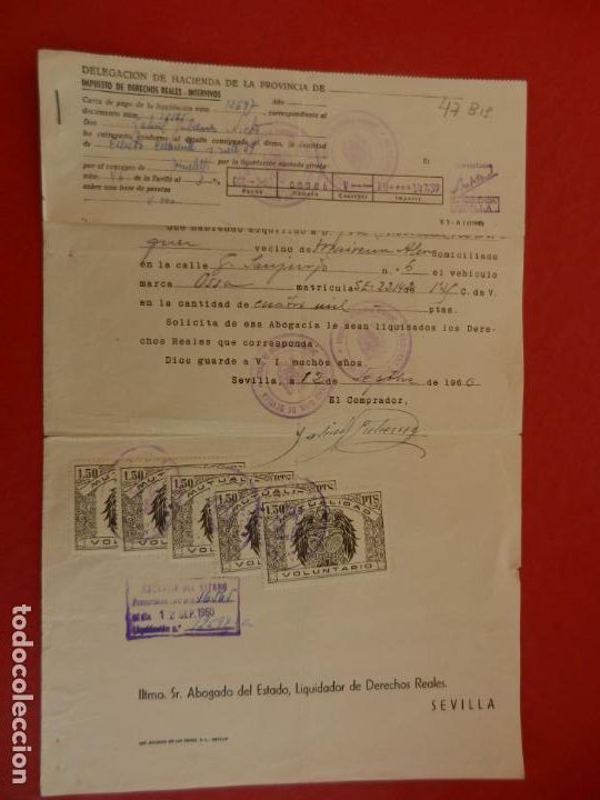 Documentos antiguos: DOCUMENTO DE PAGO LIQUIDACI&Oacute;N DE IMPUESTO DE DERECHOS REALES - SEVILLA 1966 - SELLOS