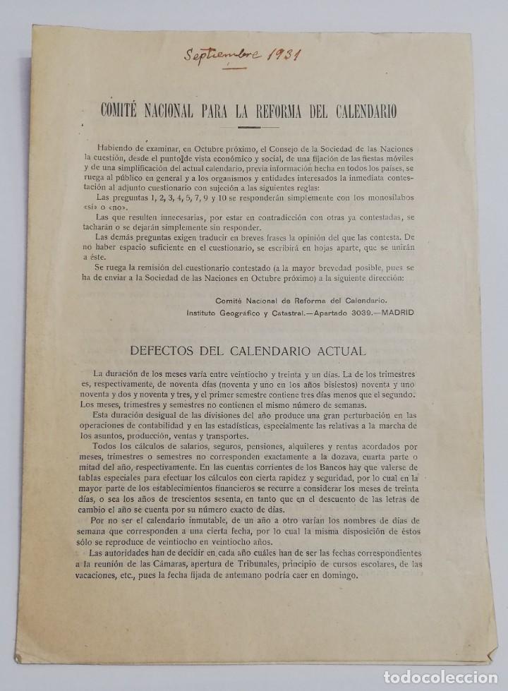 Documenti antichi: COMITE NACIONAL DE REFORMA DEL CALENDARIO, SEPTIEMBRE DE 1931, REPUBLICA, TIENE 4 PAG + UN CUESTIONA
