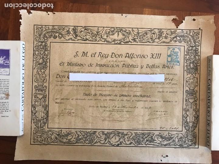 Documentos antigos: Titulo de Mestro de Primera Ense&ntilde;anza, A&ntilde;o 1929, Lugo, Galicia. Reinado de Alfonso XIII