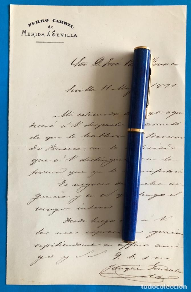 Documentos antiguos: FERROCARRIL- MERIDA- SEVILLA- DOCUMENTO JOSE P. FONSECA- 1871 - Foto 1