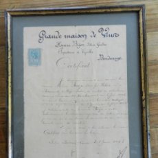 Documentos antiguos: CERTIFICADO DE LA GRANDE MAIXON DE VIN, VINO, BORDEAUX (GIRONDE) 8 DE JUNIO DE 1903, MIDE ENMARCADO